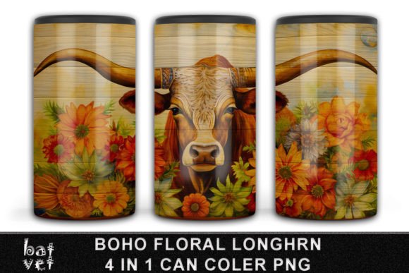 Boho Floral Longhorn Can Cooler Design for Crafts & Digital Product Sellers