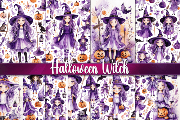 Cute Halloween Purple Witch Illustration for Craft Backdrops